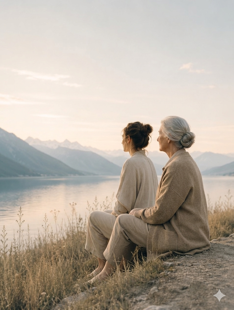 Deux femmes contemplent un lac et les montagnes